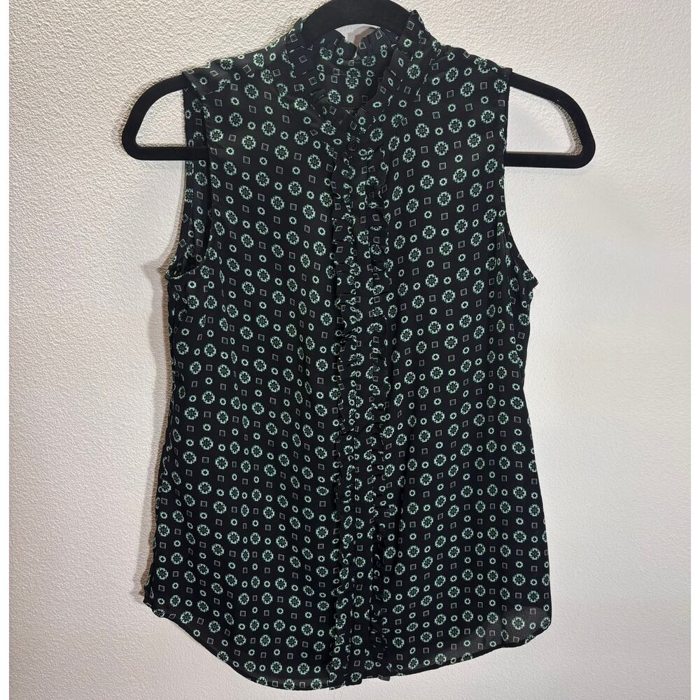 Banana Republic Petite S Sleeveless Ruffle Blouse Black Green Geo Print